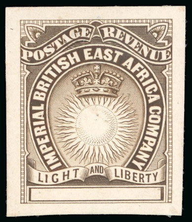 Stamp of Kenya, Uganda and Tanganyika » British East Africa 1890 Bradbury Wilkinson die proof for the low values with blank tablet on thick paper, in dull brown