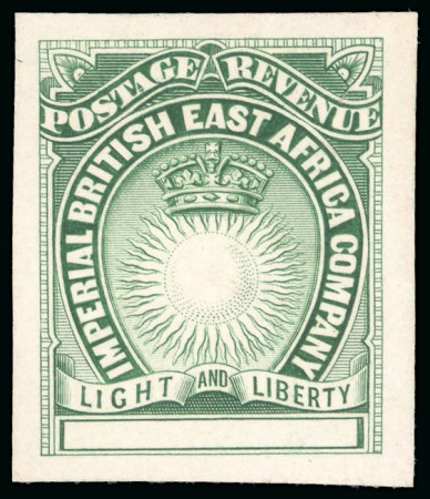 Stamp of Kenya, Uganda and Tanganyika » British East Africa 1890 Bradbury Wilkinson die proof for the low values with blank tablet on thick paper, in blue-green
