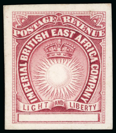 Stamp of Kenya, Uganda and Tanganyika » British East Africa 1890 Bradbury Wilkinson die proof for the low values with blank tablet on stout card, in carmine