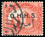 Stamp of Egypt » Officials 1915 OHHS: 4m vermilion, used block of six and single, block with one showing broken Arabic letter from position 54