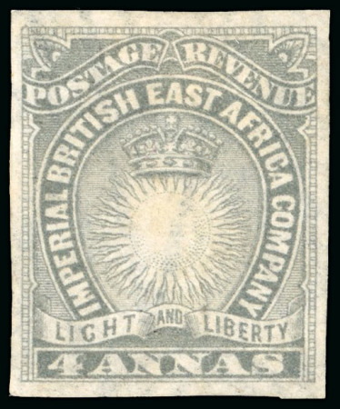 Stamp of Kenya, Uganda and Tanganyika » British East Africa 1890-95 4a grey imperf. unused with trace of o.g., good margins, showing paper maker's wmk,