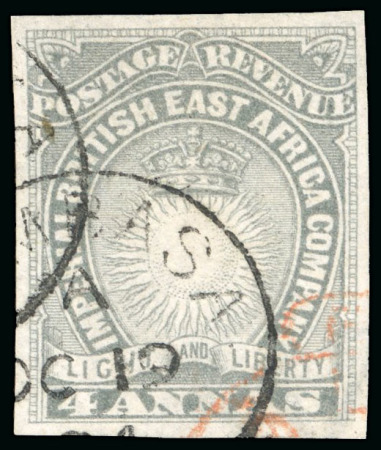 Stamp of Kenya, Uganda and Tanganyika » British East Africa 1890-95 4a grey imperf. used with partial Mombasa cds