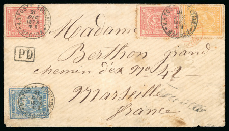 Stamp of Egypt » 1872-75 Penasson 20pa blue, 1pi red (2) and 2pi yellow, all tied on envelope from Magaga to France