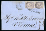 Stamp of Egypt » 1872-75 Penasson 2 1/2pi violet, two singles, tied on folded cover by rare double-circle POSTE KEDEVIE EGIZIANE/CAIRO/21.6.1873 cds