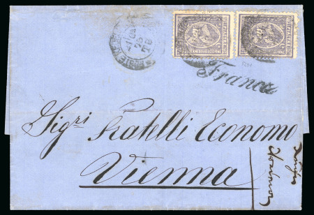 Stamp of Egypt » 1872-75 Penasson 2 1/2pi violet, two singles, tied on folded cover by rare double-circle POSTE KEDEVIE EGIZIANE/CAIRO/21.6.1873 cds