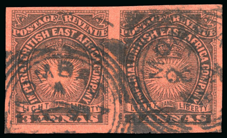 Stamp of Kenya, Uganda and Tanganyika » British East Africa 1890-95 3a black on bright red imperforate pair used