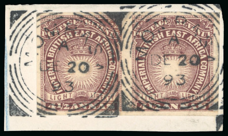 Stamp of Kenya, Uganda and Tanganyika » British East Africa 1890-95 4 1/2a brown-purple imperforate pair used on piece