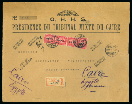 Stamp of Egypt » Officials 1913 OHHS 5m rose-carmine, strip of three and single, all tied on large 1914 legal size OHHS printed registered envelope from Cairo to Athens