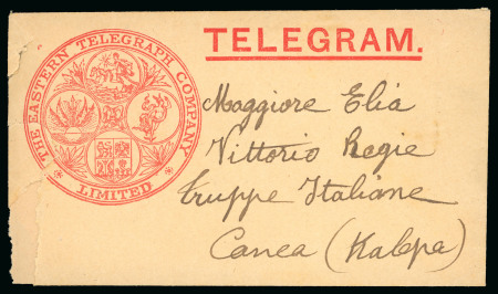 Stamp of Italy » Missions, Post Offices and Postal History Abroad » Crete "The Eastern Telegraph Company Ltd. - Canea Station" telegram sent to an officer in Crete