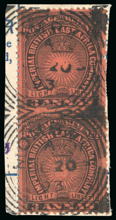 Stamp of Kenya, Uganda and Tanganyika » British East Africa 1890-95 3a black on bright red imperforate between vertical pair, used