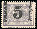 Stamp of Egypt » 1879 Surcharges 5pa on 2 1/2pi violet, two mint singles, different perfs, both showing the rare and popular "cleft pyramid" plate error