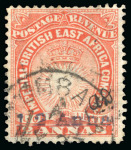 Stamp of Kenya, Uganda and Tanganyika » British East Africa 1891 Mombasa Provisional 1/2a on 2a with variety "original face value not obliterated", used