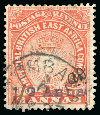 Stamp of Kenya, Uganda and Tanganyika » British East Africa 1891 Mombasa Provisional 1/2a on 2a with variety "original face value not obliterated", used
