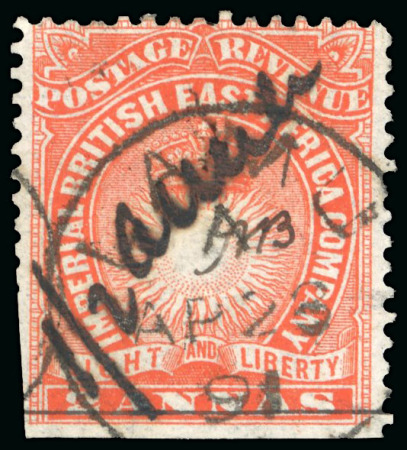 Stamp of Kenya, Uganda and Tanganyika » British East Africa 1891 "Lamu Provisional" manuscript 1/2a on 2a used with Lamu AP 26 91 cds