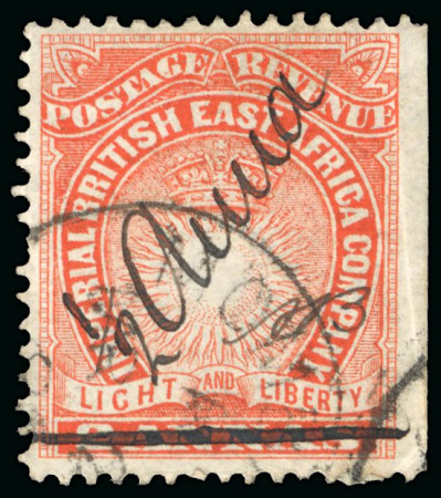 Stamp of Kenya, Uganda and Tanganyika » British East Africa 1891 Mombasa Provisional manuscript 1/2a on 2a used, initialled "A.B."