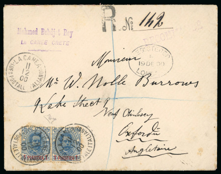 Stamp of Italy » Missions, Post Offices and Postal History Abroad » Crete 1900 (Dec 11) Registered cover from Chandia to Oxford bearing 1pi on 25c pair