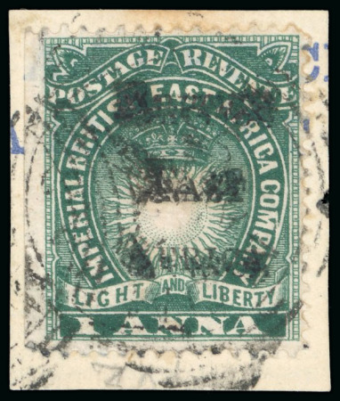 Stamp of Kenya, Uganda and Tanganyika » British East Africa 1895 British Administration 1a blue-green with double overprint variety, used on piece