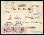 Stamp of Egypt » 1914-1922 Pictorials 1922 OHHS 5m pink, vertical strip of three, neatly tied on small neat OHHS printed envelope 