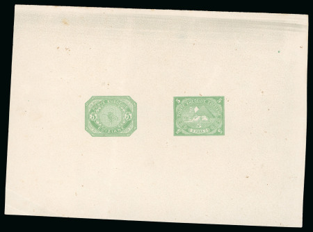 Stamp of Egypt » 1867-69 Penasson » Essays 1874 Essays of Bernardoni & Wagner Co., Milan: Presentation sheetlet, gummed paper, 5 paras green imperforate depicting two different essays, recently discovered and recorded in 2018, a unique showpiece (Nile Post E60A, 