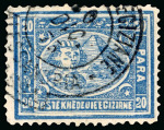 Stamp of Egypt » 1872-75 Penasson 20pa pale blue (shades), lithographed printing, selection of 8 used singles, showing perforation and wmk varieties, plus plate flaws