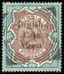 Stamp of Kenya, Uganda and Tanganyika » British East Africa 1895-96 "On India" 1/2a to 5R study written up on 16 album pages, with mint, used, multiples, minor varieties and two philatelic covers
