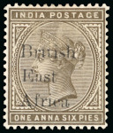 Stamp of Kenya, Uganda and Tanganyika » British East Africa 1895-96 "On India" 1a6p with variety "1 for i in British", mint o.g.