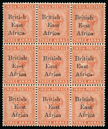 Stamp of Kenya, Uganda and Tanganyika » British East Africa 1895-96 "On India" 3a mint block of 9 (3x3), the largest recorded multiple