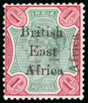 Stamp of Kenya, Uganda and Tanganyika » British East Africa 1895-96 "On India" 1R green and analine carmine mint h.r. with variety overprint double, one sideways