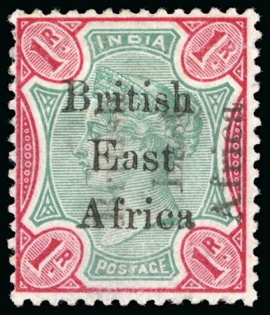 Stamp of Kenya, Uganda and Tanganyika » British East Africa 1895-96 "On India" 1R green and analine carmine mint h.r. with variety overprint double, one sideways