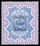 Stamp of Kenya, Uganda and Tanganyika » British East Africa 1895-96 "On India" 2R, 3R and 5R specimen issue made for the UPU with smaller lettering than the issued overprint