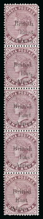 Stamp of Kenya, Uganda and Tanganyika » British East Africa 1895-96 "On India" 1a mint vertical strip of five (pos.12/60) showing overprint varieties on each stamp