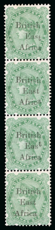 Stamp of Kenya, Uganda and Tanganyika » British East Africa 1895-96 "On India" 1/2a mint vertical strip of four (pos.12/48) showing overprint varieties on each stamp