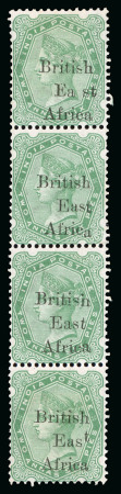 Stamp of Kenya, Uganda and Tanganyika » British East Africa 1895-96 "On India" 1/2a mint vertical strip of four (pos.24/60) showing overprint varieties on each stamp