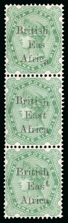 Stamp of Kenya, Uganda and Tanganyika » British East Africa 1895-96 "On India" 1/2a mint vertical strip of three (pos.24/48) showing the "Eas" for "East" variety at top