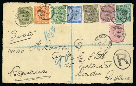 Stamp of Kenya, Uganda and Tanganyika » British East Africa 1897 (May 21) Envelope front sent registered from Mombasa to England with 1895-96 "On India" 1/2a, 1a, 1a6p, 2a , 2a6p, 3a, 4a and 8a