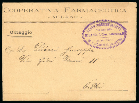 Stamp of Italy » Corrieri di Milano 1900 (dopo il), Cooperativa Fattorini, busta con timbro del "Nuovo Corriere di Città"