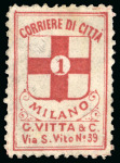 Stamp of Italy » Corrieri di Milano 1897, Cooperativa G. Vitta & Co., 1 c. rosso, con indirizzo, prova ed esemplare nuovo