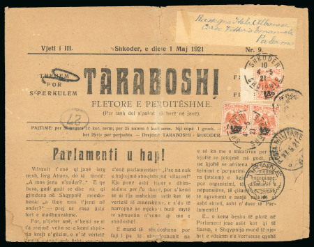 Stamp of Italy » Missions, Post Offices and Postal History Abroad » Albania 1921 Newspaper from Scutari to Palermo with 1920 2q (4), forwarded by the Italian military mail