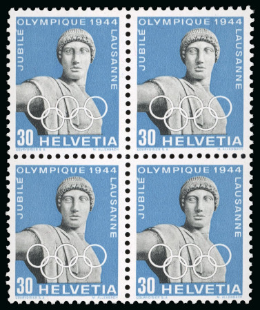 Stamp of Olympics » 1944 Jubilee 1944 Jubilee collection in an album, with mint, covers and cards, showing fly-speck varieties incl. the 30c "retouched eye" in mint block