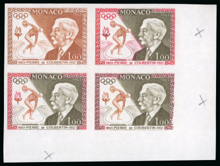 Stamp of Olympics » Pierre de Coubertin and the IOC 1963 Monaco colour trials in two lower right corner marginal blocks of four