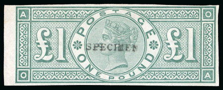 Stamp of Great Britain » 1855-1900 Surface Printed » 1887-1900 Jubilee Issue & 1891 £1 Green 1891 £1 green OA imperf. with "SPECIMEN" type 9 overprint, mint o.g.