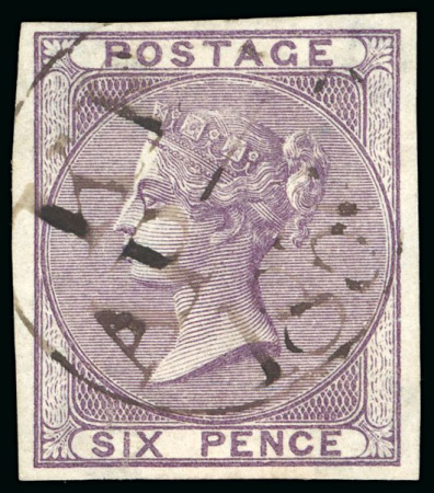 Stamp of Great Britain » 1855-1900 Surface Printed » 1855-57 No Corner Letters 1855-57 Wmk Emblems (inverted) 6d deep mauve imperforate plate proof, good margins, with neat trial cancellation