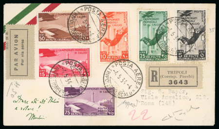 Stamp of Thematics » Sport and Games » Football 1934 World Cup: 1934 (Jun 4) Envelope sent by registered airmail from Tripoli to Rome with Italian Colonies 1934 World Cup issue