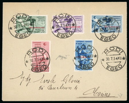 Stamp of Thematics » Sport and Games » Football 1934 World Cup: 1934 (Jul 30) Two envelopes sent by airmail from Rhodes to Turin with Aegean Islands 1934 World Cup set 