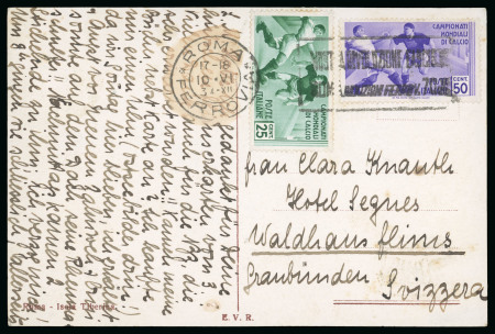 Stamp of Thematics » Sport and Games » Football 1934 World Cup: 1934 (Jun 10) Picture card with 1934 World Cup 25c and 50c tied by Rome slogan cancel sent on the day of the final