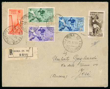 Stamp of Thematics » Sport and Games » Football 1934 World Cup: 1934 (May 25) Envelope sent registered from Rome to Ancona with 1934 World Cup normal set of 5