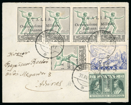 Stamp of Italy » Italian Occupations WWII » Cefalonia and Itaca 1941 Cover to Athens with "Mithology 20L+20L pair and single 20L, 2d single and "Previdenza" 50L single