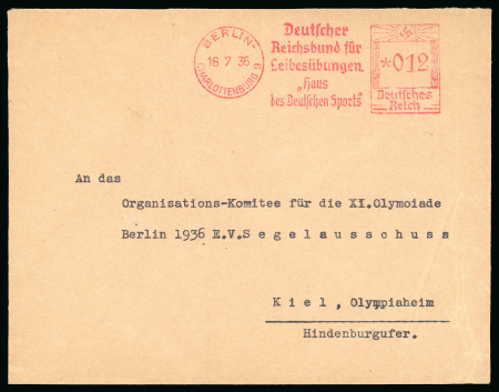 Stamp of Olympics » 1936 Berlin » Special Postmarks 1921-41, Group of "Deutscher Reichsbund für Leibesübungen" printed covers and a variety of slogan machine franks; 8 covers and a large piece