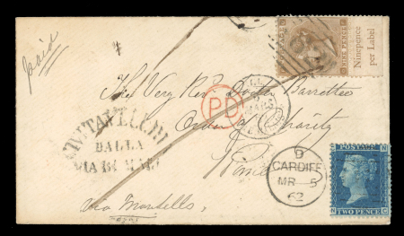Stamp of Great Britain » 1854-1900 Postal History of the Perforated Line Engraved and Surface Printed Issues 1862 (Mar 5) Envelope from Cardiff, Wales, sent to the "Order of Charity" in Rome, Italy, with 1864-79 2d blue pl.9 and 1862-64 9d bistre lower marginal 