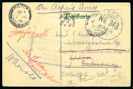 Stamp of Tanganyika 1916 (Oct 15) Censored postcard sent from Indian Army Post Office "F.P.O. No. 343" (Dar es Salam)
